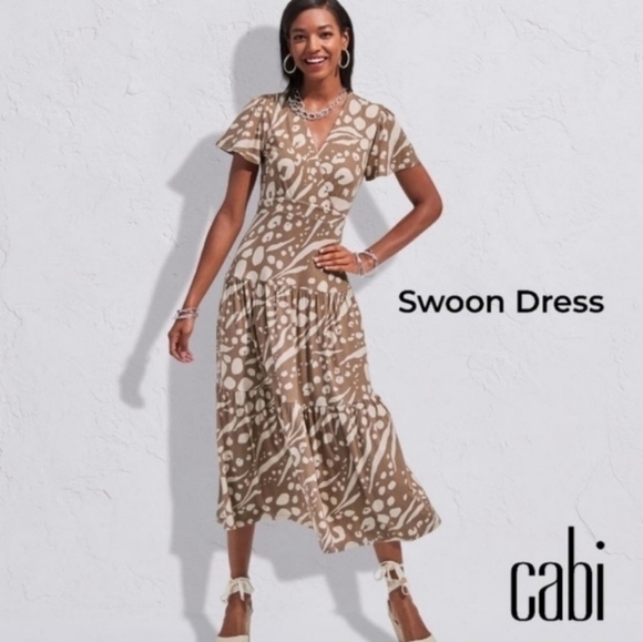 Cabi Swoon Dress #6147 Taupe Flutter Sleeve Cutout Back Tiered Skirt - Size S - Picture 1 of 13